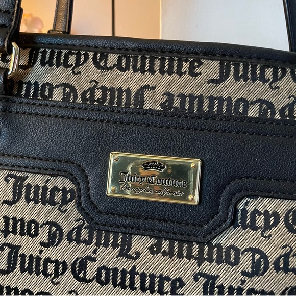 Juicy Couture Black/Beige Lg Tote Bag Gold Tone Hardware Black Faux Leather Trim - Picture 2 of 14